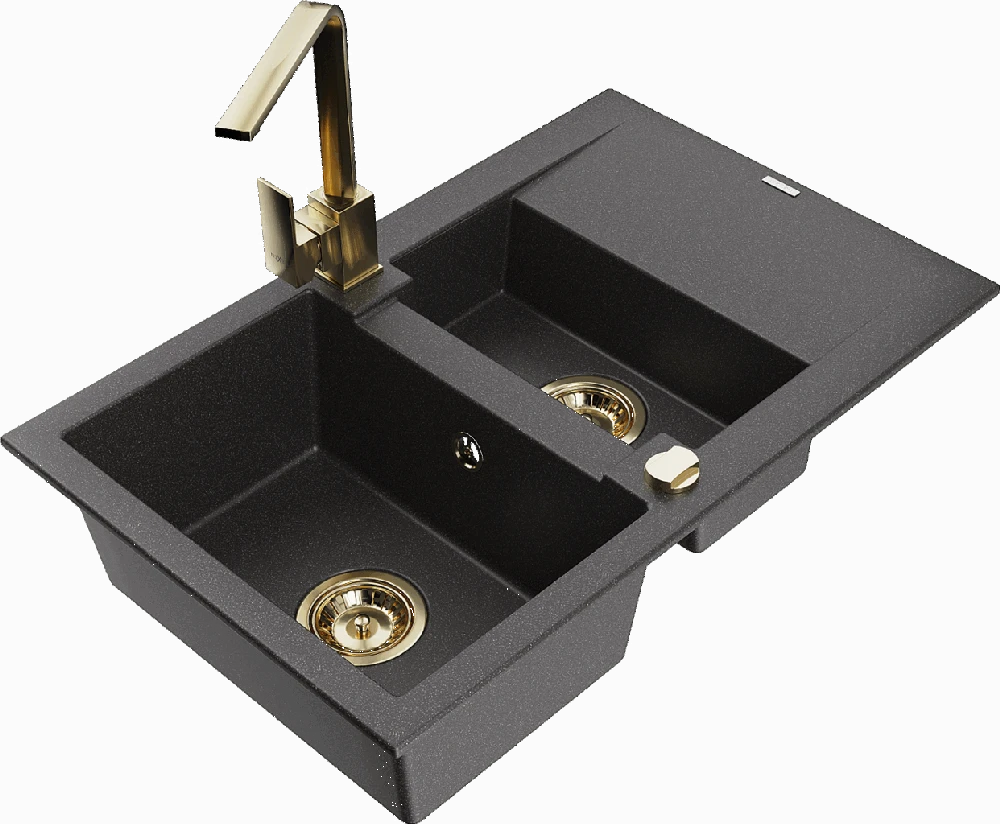 Granitinė virtuvinė plautuvė Mexen Gaspar su maišytuvu ir sifonu, Juodas granite+Gold