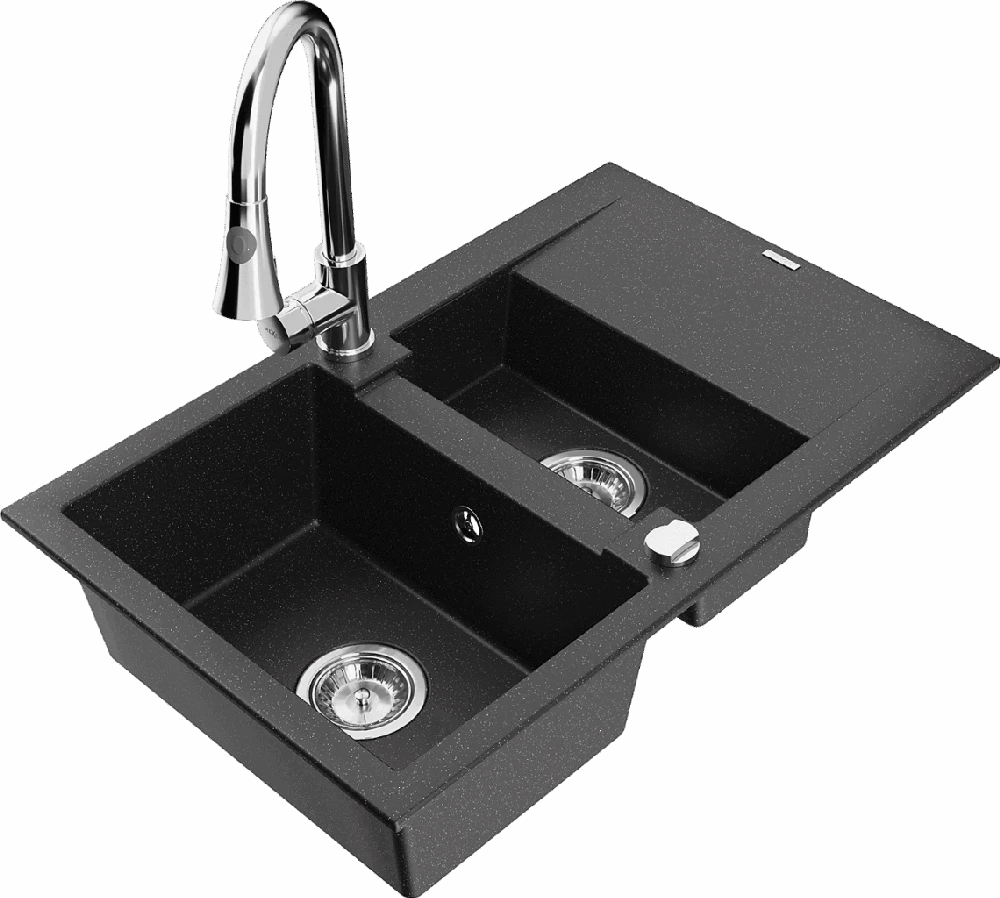 Granitinė virtuvinė plautuvė Mexen Gaspar su maišytuvu ir sifonu, Metallic juodas/sidabrinis+Chrome