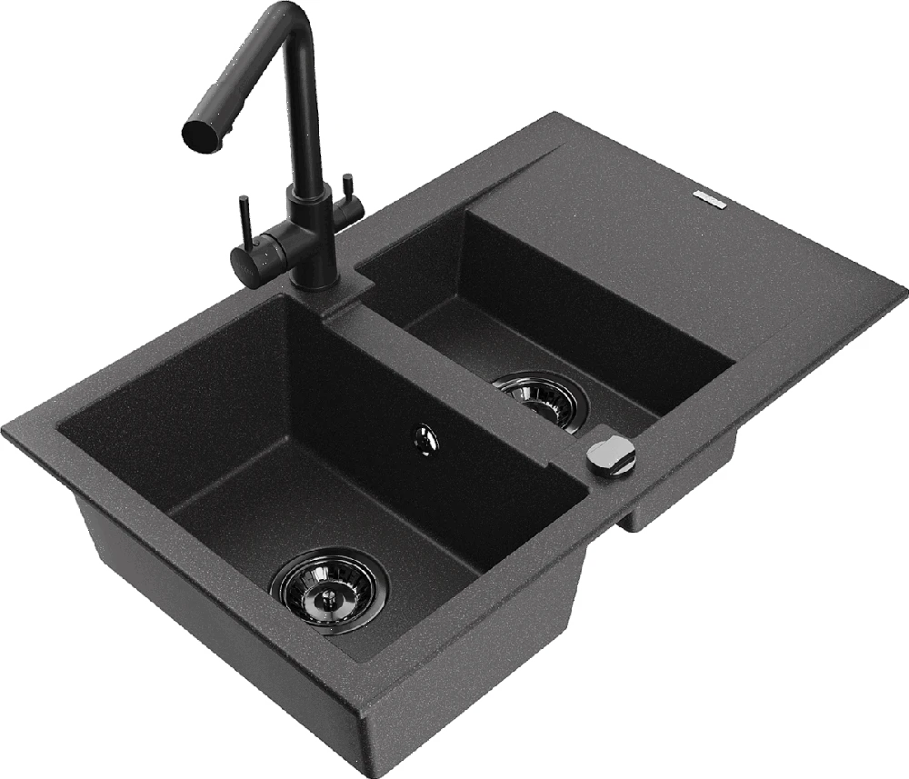 Granitinė virtuvinė plautuvė Mexen Gaspar su maišytuvu ir sifonu, Juodas granite+Juodas