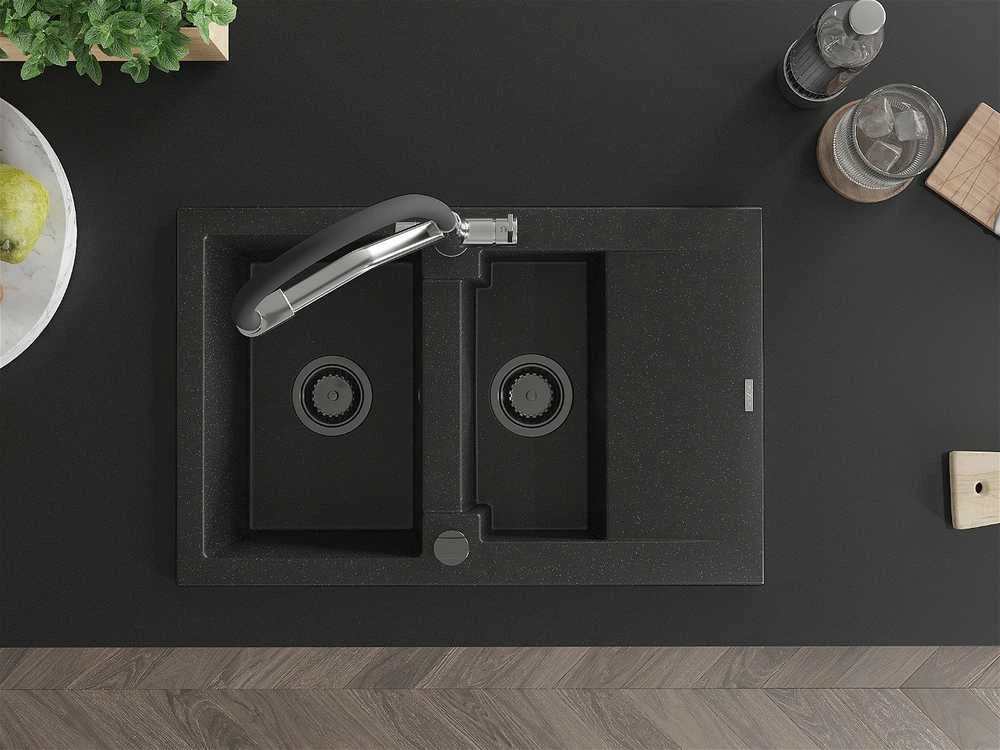 Granitinė virtuvinė plautuvė Mexen Gaspar su maišytuvu ir sifonu, Metallic juodas/sidabrinis+Juodas/Chrome