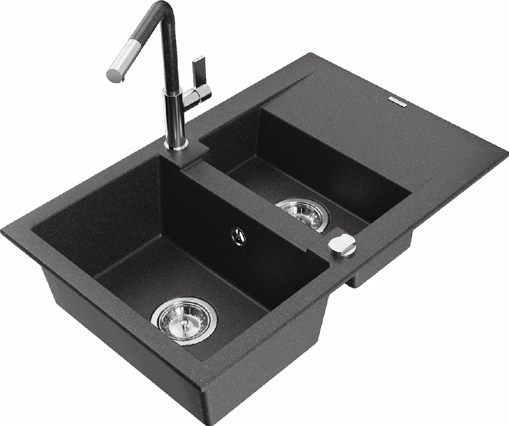Granitinė virtuvinė plautuvė Mexen Gaspar su maišytuvu ir sifonu, Juodas granite+Juodas granite/Chrome