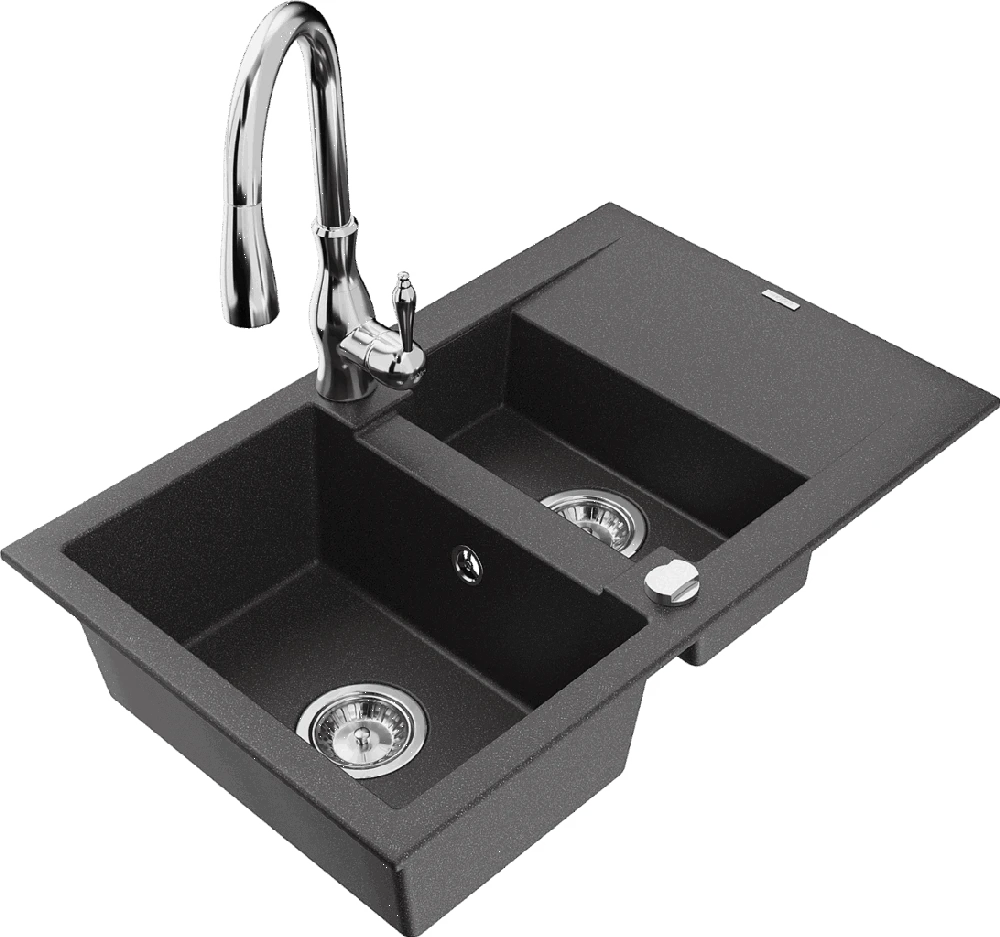 Granitinė virtuvinė plautuvė Mexen Gaspar su maišytuvu ir sifonu, Juodas granite+Chrome