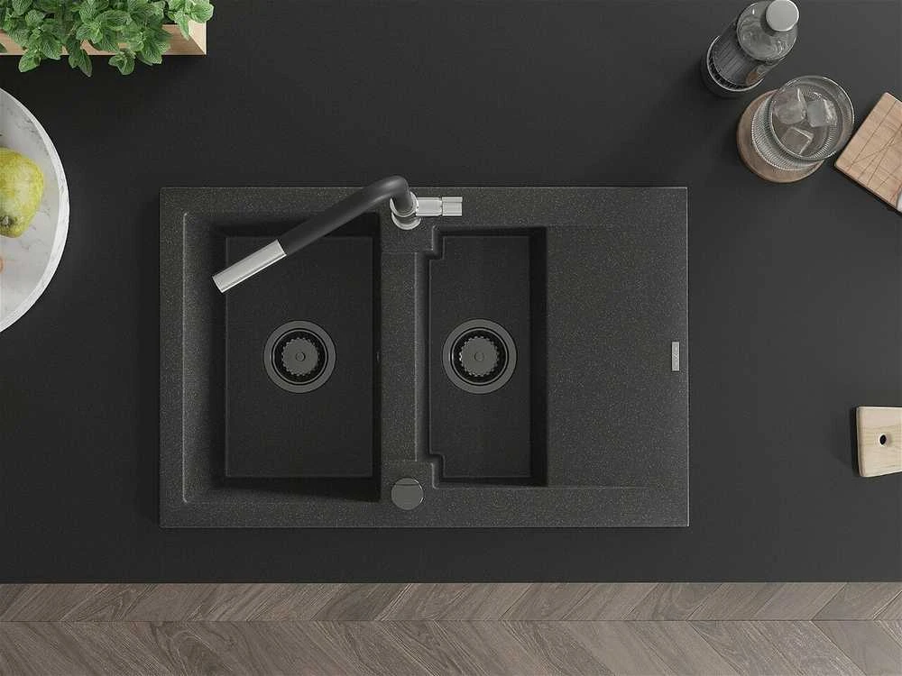 Granitinė virtuvinė plautuvė Mexen Gaspar su maišytuvu ir sifonu, Juodas granite+Juodas/Chrome
