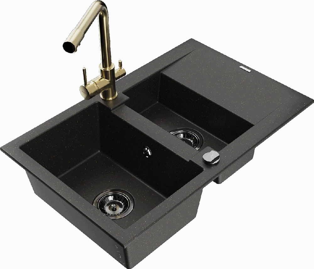 Granitinė virtuvinė plautuvė Mexen Gaspar su maišytuvu ir sifonu, Metallic juodas/auksinis+Gold
