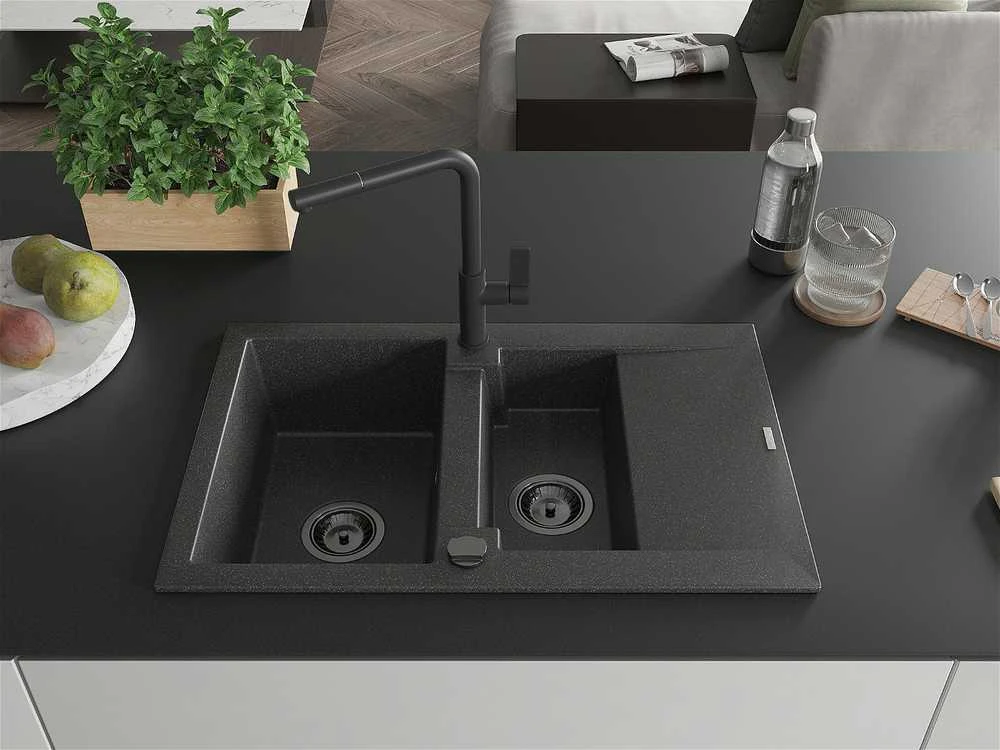 Granitinė virtuvinė plautuvė Mexen Gaspar su maišytuvu ir sifonu, Juodas granite+Juodas
