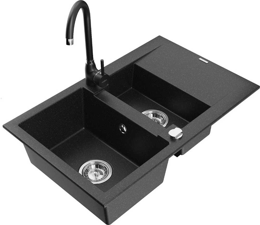 Granitinė virtuvinė plautuvė Mexen Gaspar su maišytuvu ir sifonu, Metallic juodas/sidabrinis+Juodas
