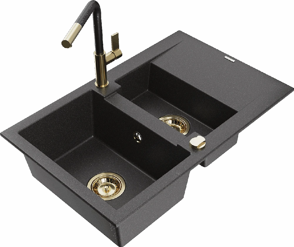 Granitinė virtuvinė plautuvė Mexen Gaspar su maišytuvu ir sifonu, Juodas granite+Juodas/Gold