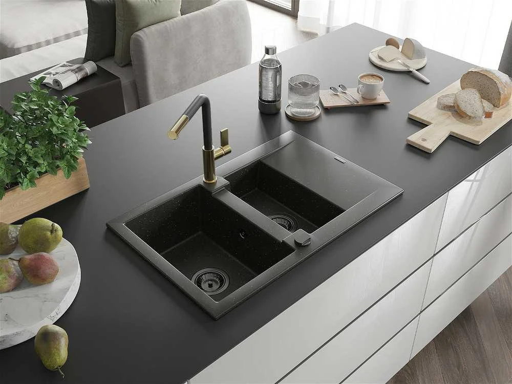 Granitinė virtuvinė plautuvė Mexen Gaspar su maišytuvu ir sifonu, Metallic juodas/auksinis+Juodas/Gold