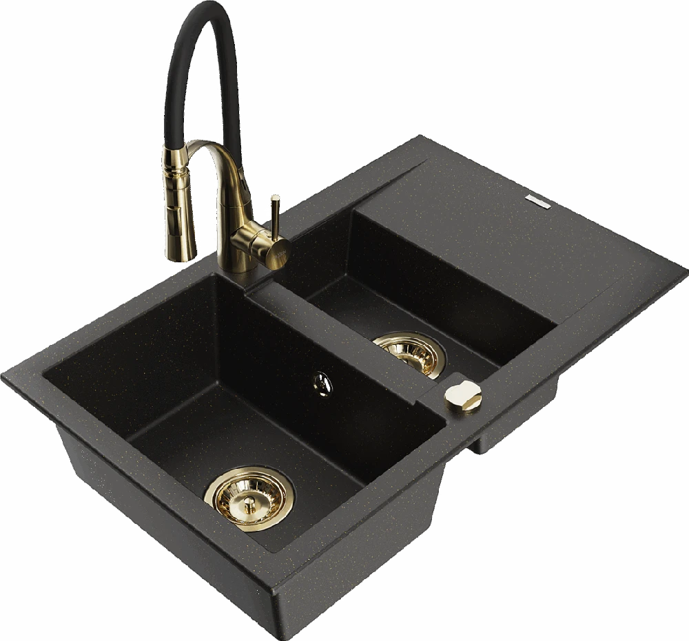 Granitinė virtuvinė plautuvė Mexen Gaspar su maišytuvu ir sifonu, Metallic juodas/auksinis+Juodas/Gold