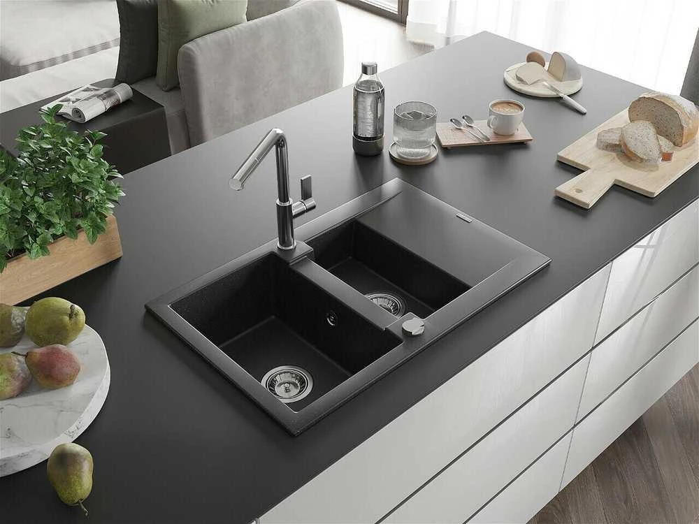 Granitinė virtuvinė plautuvė Mexen Gaspar su maišytuvu ir sifonu, Metallic juodas/sidabrinis+Chrome