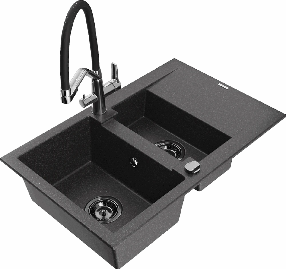 Granitinė virtuvinė plautuvė Mexen Gaspar su maišytuvu ir sifonu, Juodas granite+Juodas/Chrome