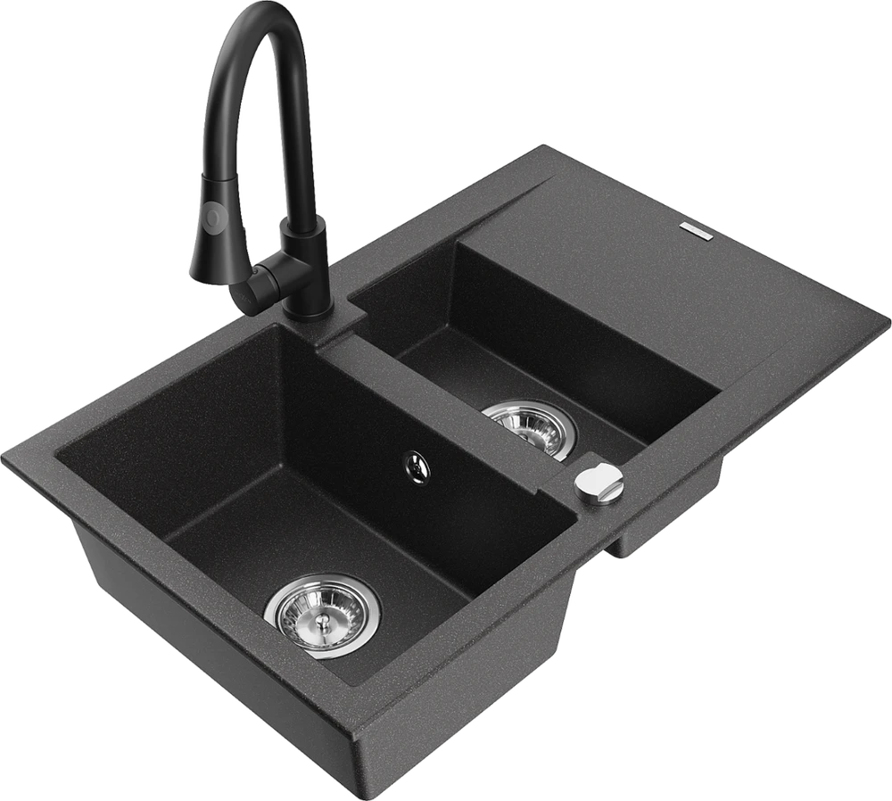 Granitinė virtuvinė plautuvė Mexen Gaspar su maišytuvu ir sifonu, Juodas granite+Juodas