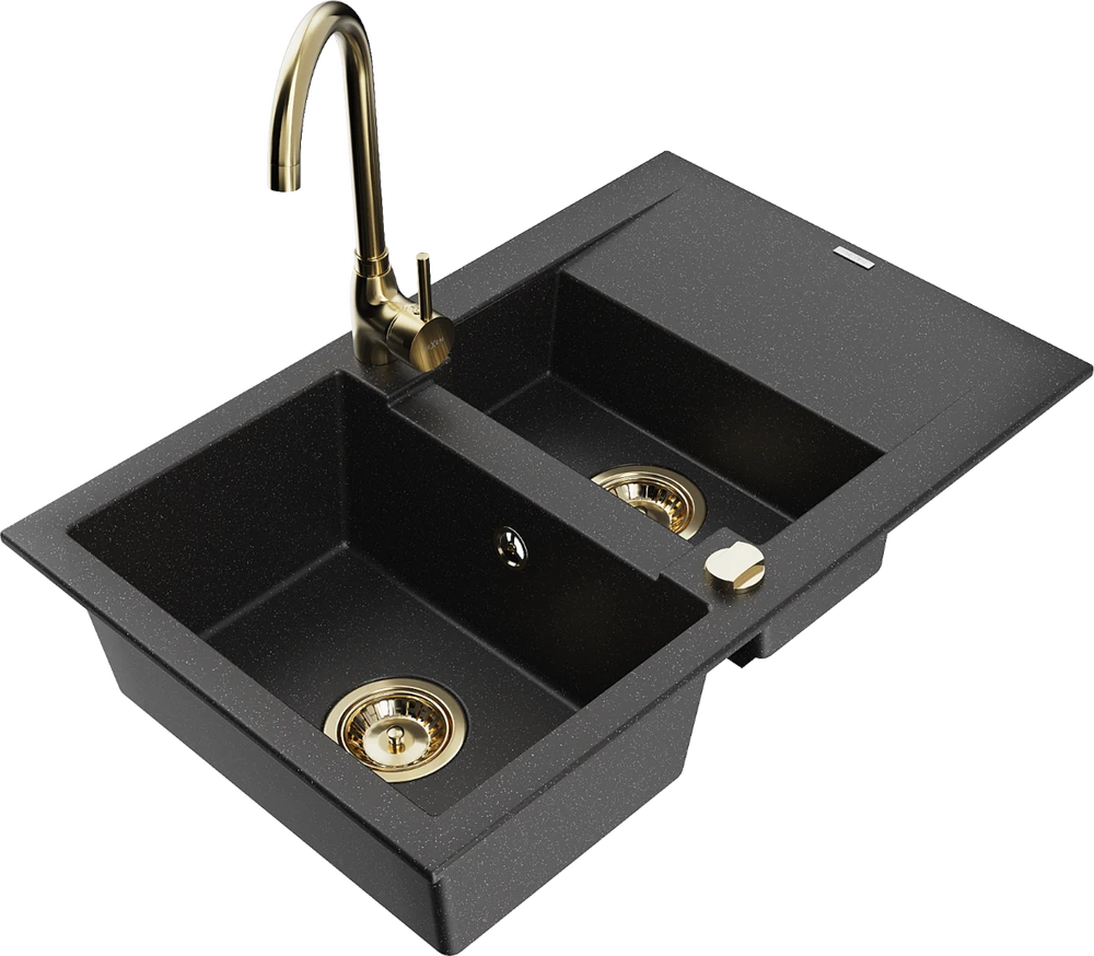 Granitinė virtuvinė plautuvė Mexen Gaspar su maišytuvu ir sifonu, Metallic juodas/sidabrinis+Gold