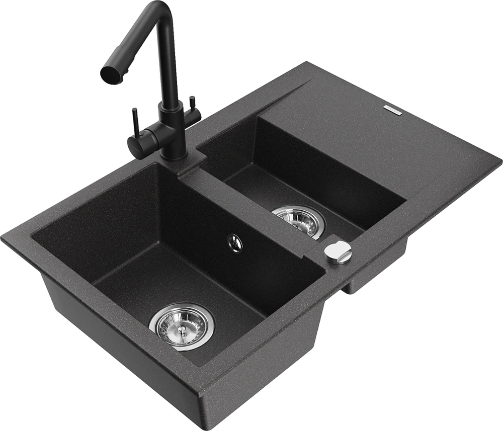 Granitinė virtuvinė plautuvė Mexen Gaspar su maišytuvu ir sifonu, Juodas granite+Juodas