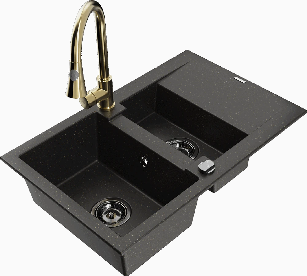Granitinė virtuvinė plautuvė Mexen Gaspar su maišytuvu ir sifonu, Metallic juodas/auksinis+Gold