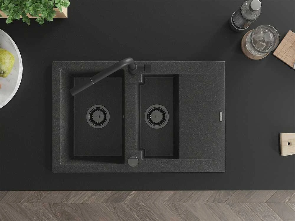 Granitinė virtuvinė plautuvė Mexen Gaspar su maišytuvu ir sifonu, Juodas granite+Juodas