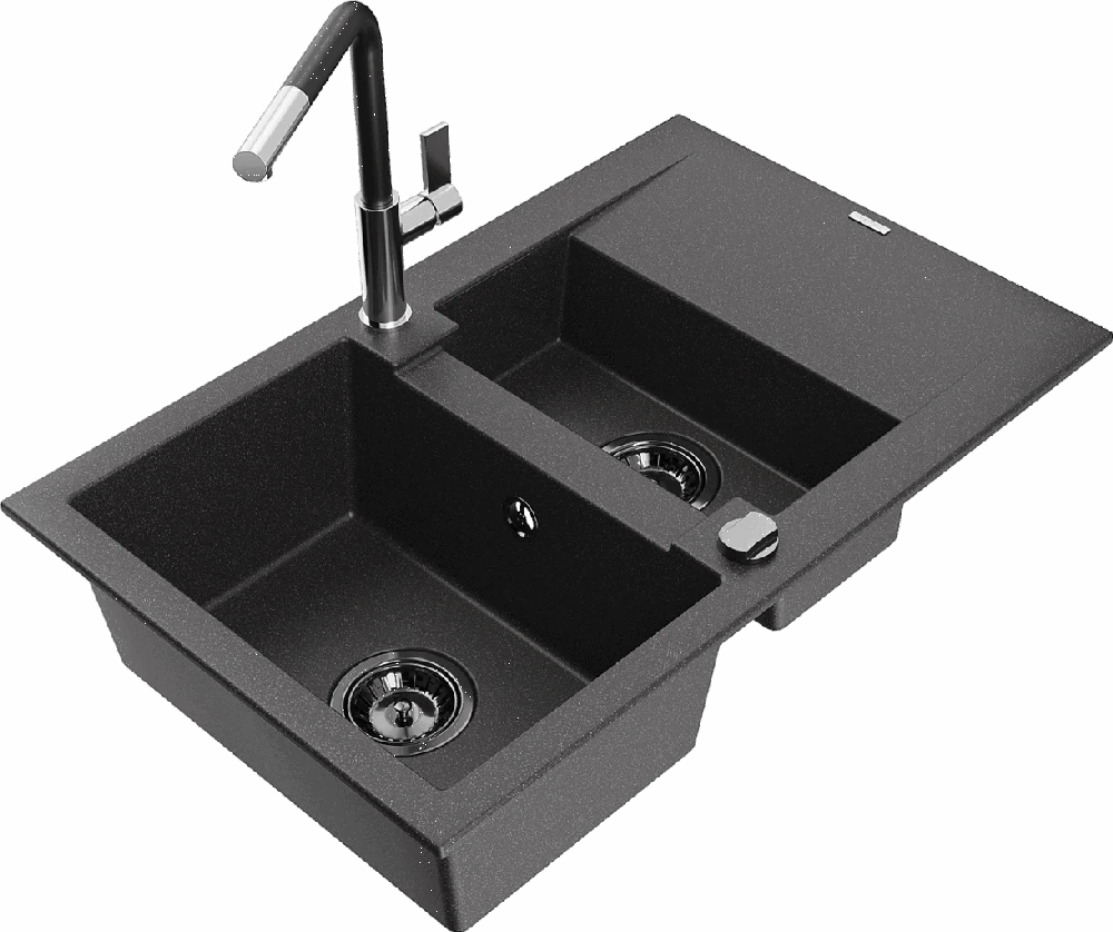 Granitinė virtuvinė plautuvė Mexen Gaspar su maišytuvu ir sifonu, Juodas granite+Juodas/Chrome