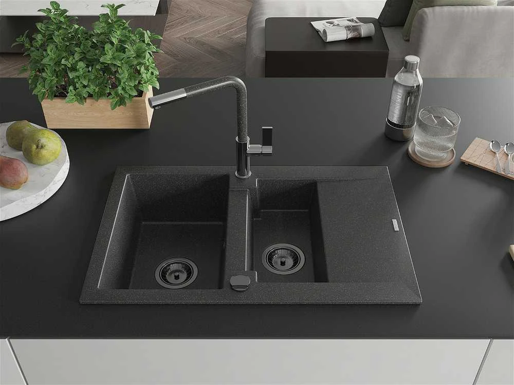 Granitinė virtuvinė plautuvė Mexen Gaspar su maišytuvu ir sifonu, Juodas granite+Juodas granite/Chrome