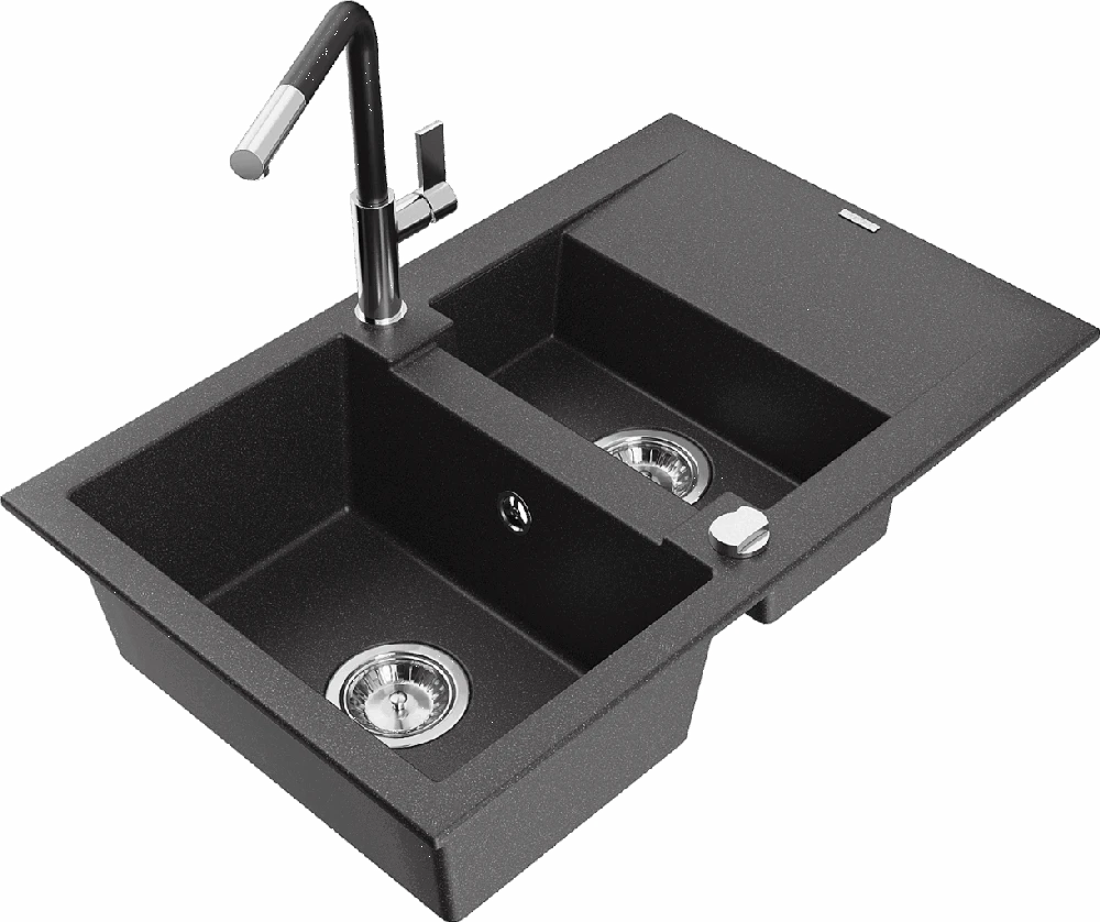 Granitinė virtuvinė plautuvė Mexen Gaspar su maišytuvu ir sifonu, Juodas granite+Juodas/Chrome