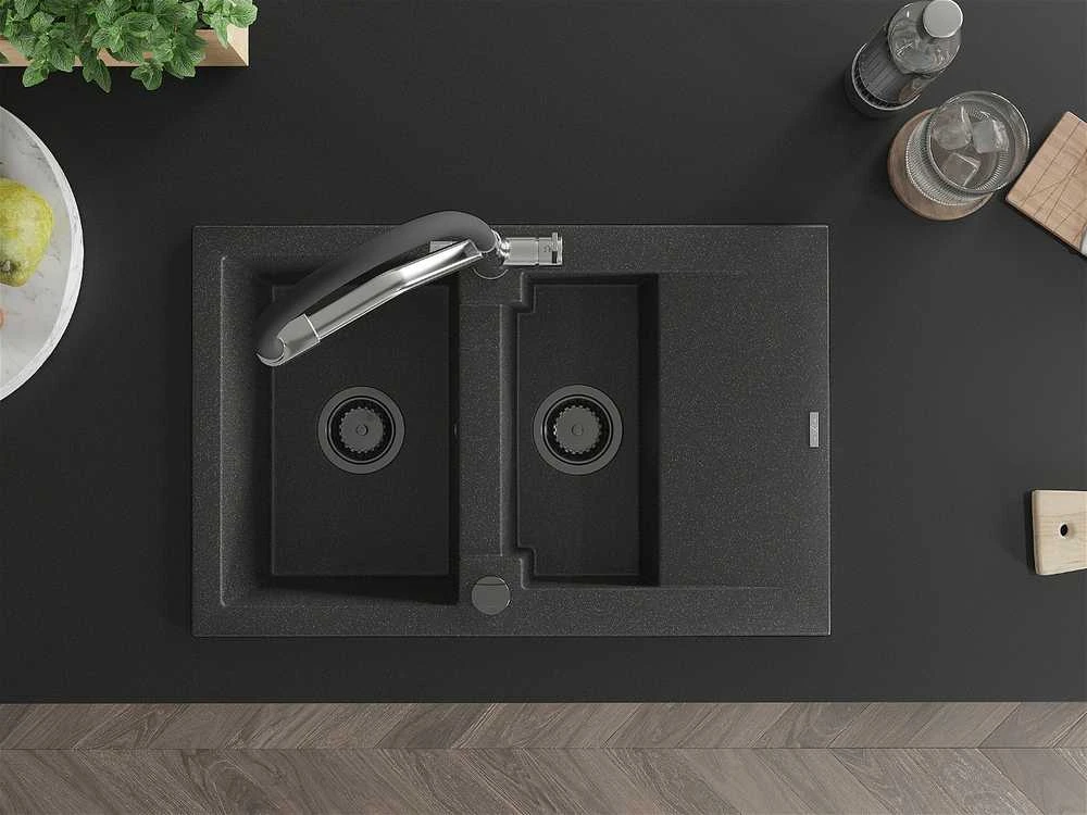 Granitinė virtuvinė plautuvė Mexen Gaspar su maišytuvu ir sifonu, Juodas granite+Juodas/Chrome