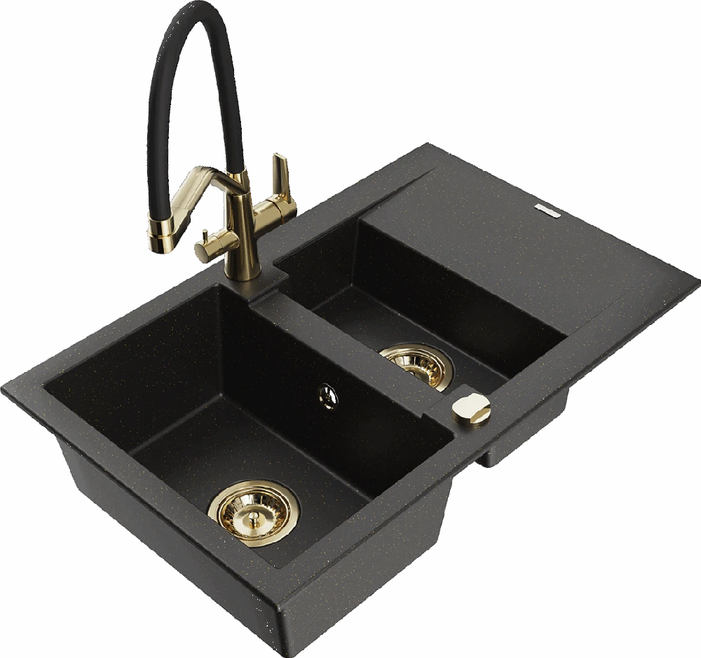 Granitinė virtuvinė plautuvė Mexen Gaspar su maišytuvu ir sifonu, Metallic juodas/auksinis+Juodas/Gold