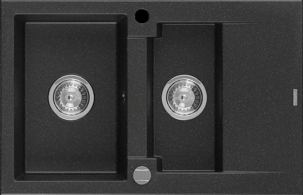 Granitinė virtuvinė plautuvė Mexen Gaspar su sifonu, Metallic juodas/sidabrinis+Chrome, 737 x 475 mm