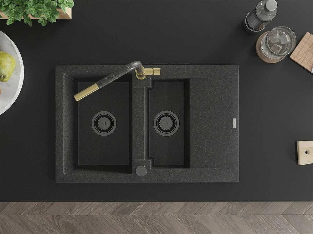 Granitinė virtuvinė plautuvė Mexen Gaspar su maišytuvu ir sifonu, Juodas granite+Juodas granite/Gold