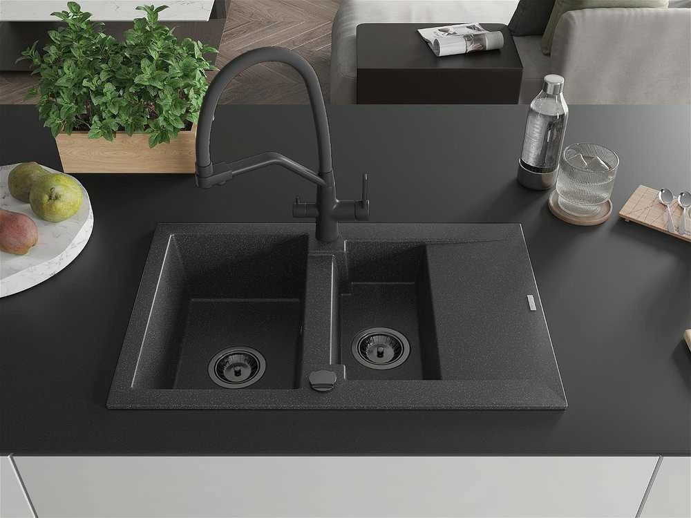 Granitinė virtuvinė plautuvė Mexen Gaspar su maišytuvu ir sifonu, Juodas granite+Juodas