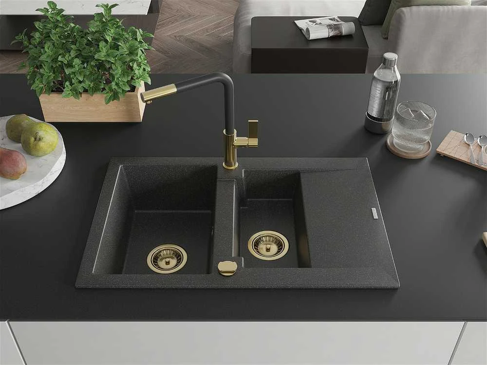 Granitinė virtuvinė plautuvė Mexen Gaspar su maišytuvu ir sifonu, Juodas granite+Juodas/Gold