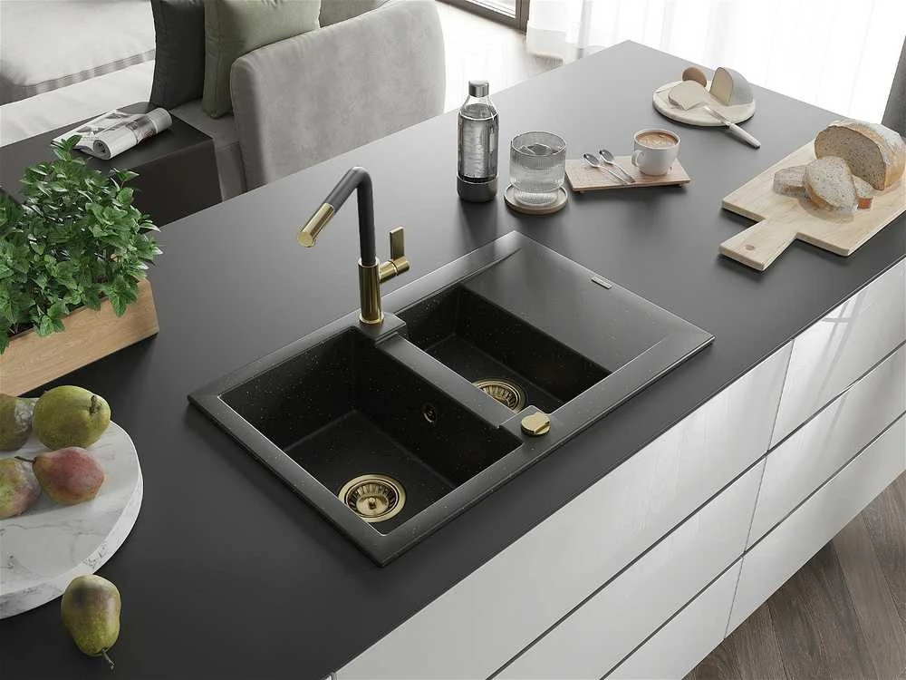 Granitinė virtuvinė plautuvė Mexen Gaspar su maišytuvu ir sifonu, Metallic juodas/auksinis+Juodas/Gold