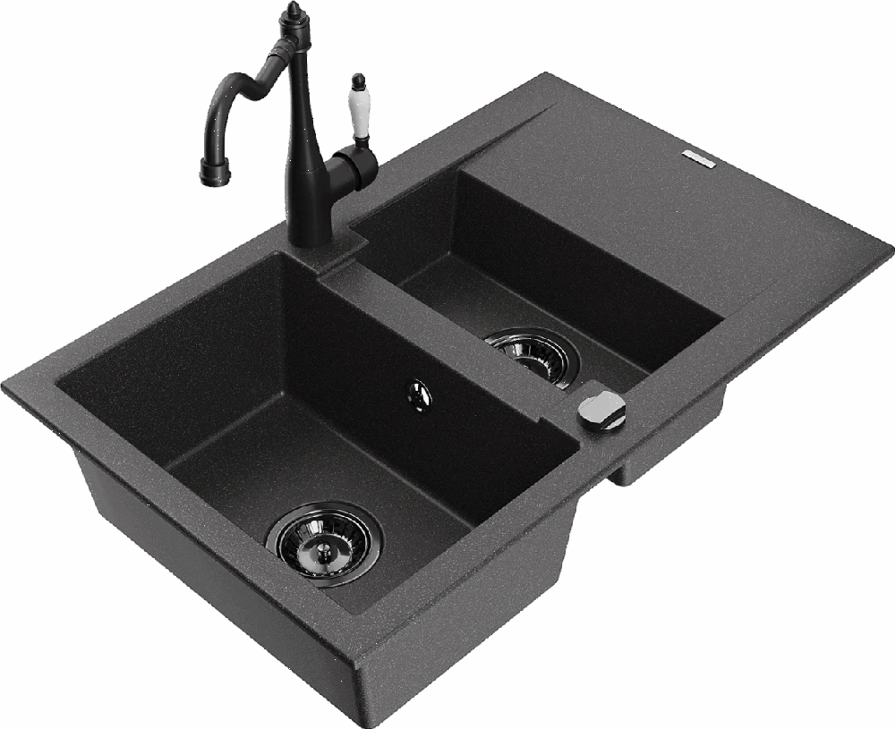 Granitinė virtuvinė plautuvė Mexen Gaspar su maišytuvu ir sifonu, Juodas granite+Juodas