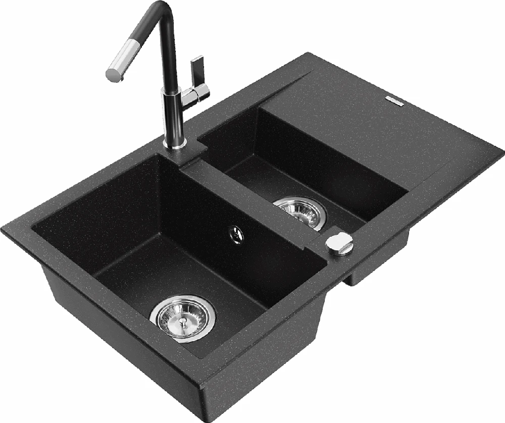 Granitinė virtuvinė plautuvė Mexen Gaspar su maišytuvu ir sifonu, Metallic juodas/sidabrinis+Juodas/Chrome