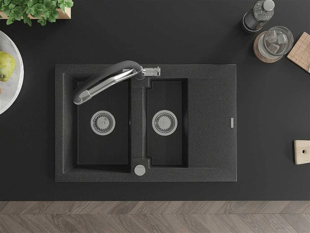 Granitinė virtuvinė plautuvė Mexen Gaspar su maišytuvu ir sifonu, Juodas granite+Juodas/Chrome