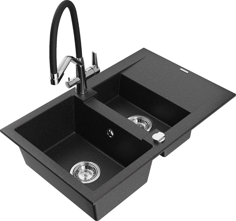 Granitinė virtuvinė plautuvė Mexen Gaspar su maišytuvu ir sifonu, Metallic juodas/sidabrinis+Juodas/Chrome