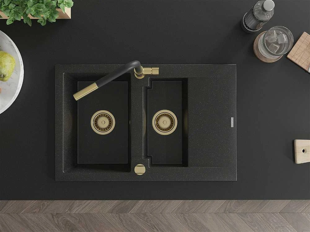 Granitinė virtuvinė plautuvė Mexen Gaspar su maišytuvu ir sifonu, Metallic juodas/sidabrinis+Juodas/Gold