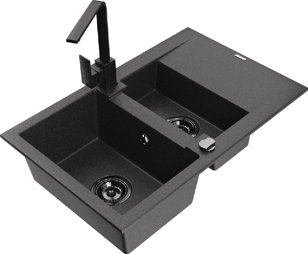 Granitinė virtuvinė plautuvė Mexen Gaspar su maišytuvu ir sifonu, Juodas granite+Juodas