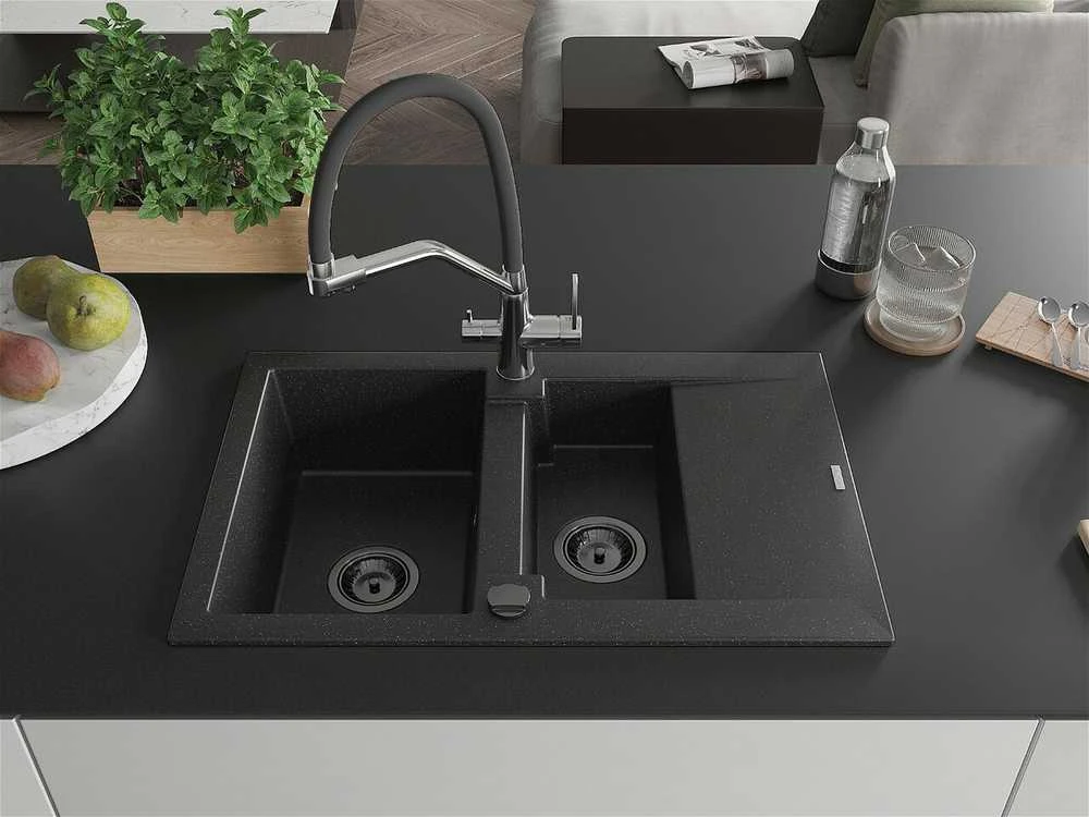 Granitinė virtuvinė plautuvė Mexen Gaspar su maišytuvu ir sifonu, Metallic juodas/sidabrinis+Juodas/Chrome