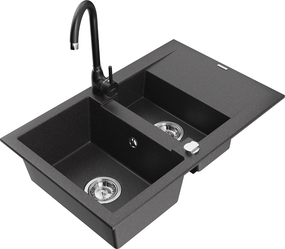 Granitinė virtuvinė plautuvė Mexen Gaspar su maišytuvu ir sifonu, Juodas granite+Juodas