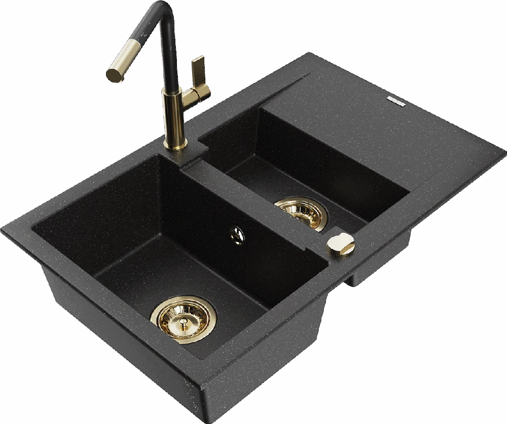 Granitinė virtuvinė plautuvė Mexen Gaspar su maišytuvu ir sifonu, Metallic juodas/sidabrinis+Juodas/Gold