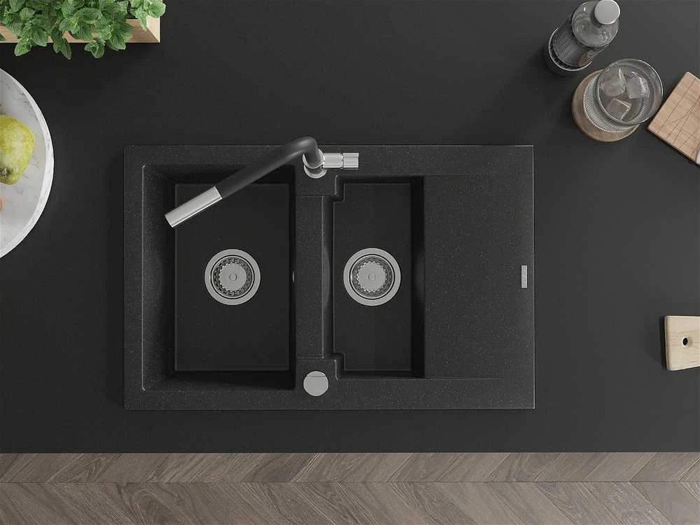 Granitinė virtuvinė plautuvė Mexen Gaspar su maišytuvu ir sifonu, Metallic juodas/sidabrinis+Juodas/Chrome