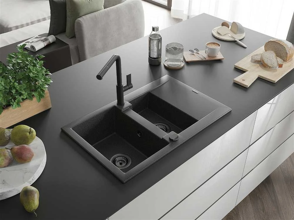 Granitinė virtuvinė plautuvė Mexen Gaspar su maišytuvu ir sifonu, Juodas granite+Juodas