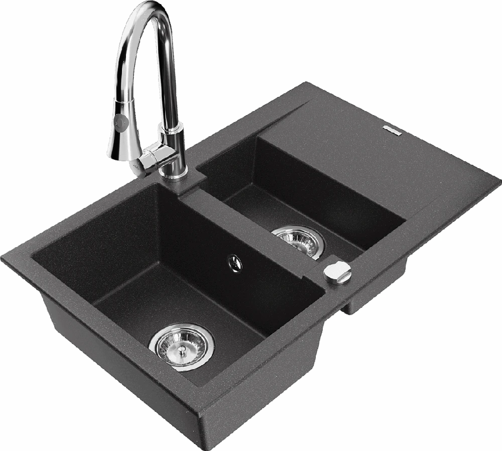 Granitinė virtuvinė plautuvė Mexen Gaspar su maišytuvu ir sifonu, Juodas granite+Chrome