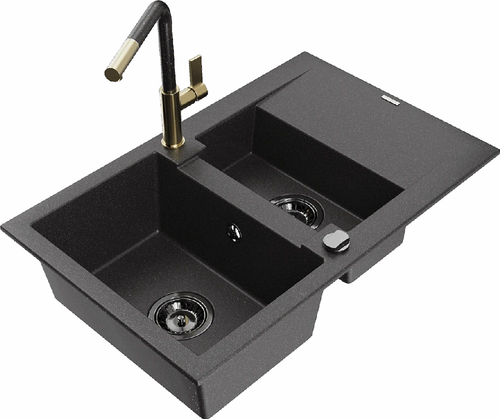 Granitinė virtuvinė plautuvė Mexen Gaspar su maišytuvu ir sifonu, Juodas granite+Juodas granite/Gold