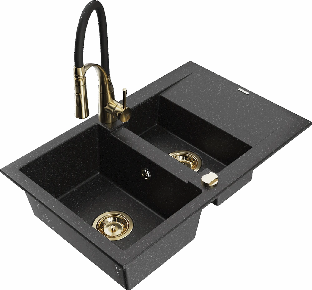 Granitinė virtuvinė plautuvė Mexen Gaspar su maišytuvu ir sifonu, Metallic juodas/sidabrinis+Juodas/Gold