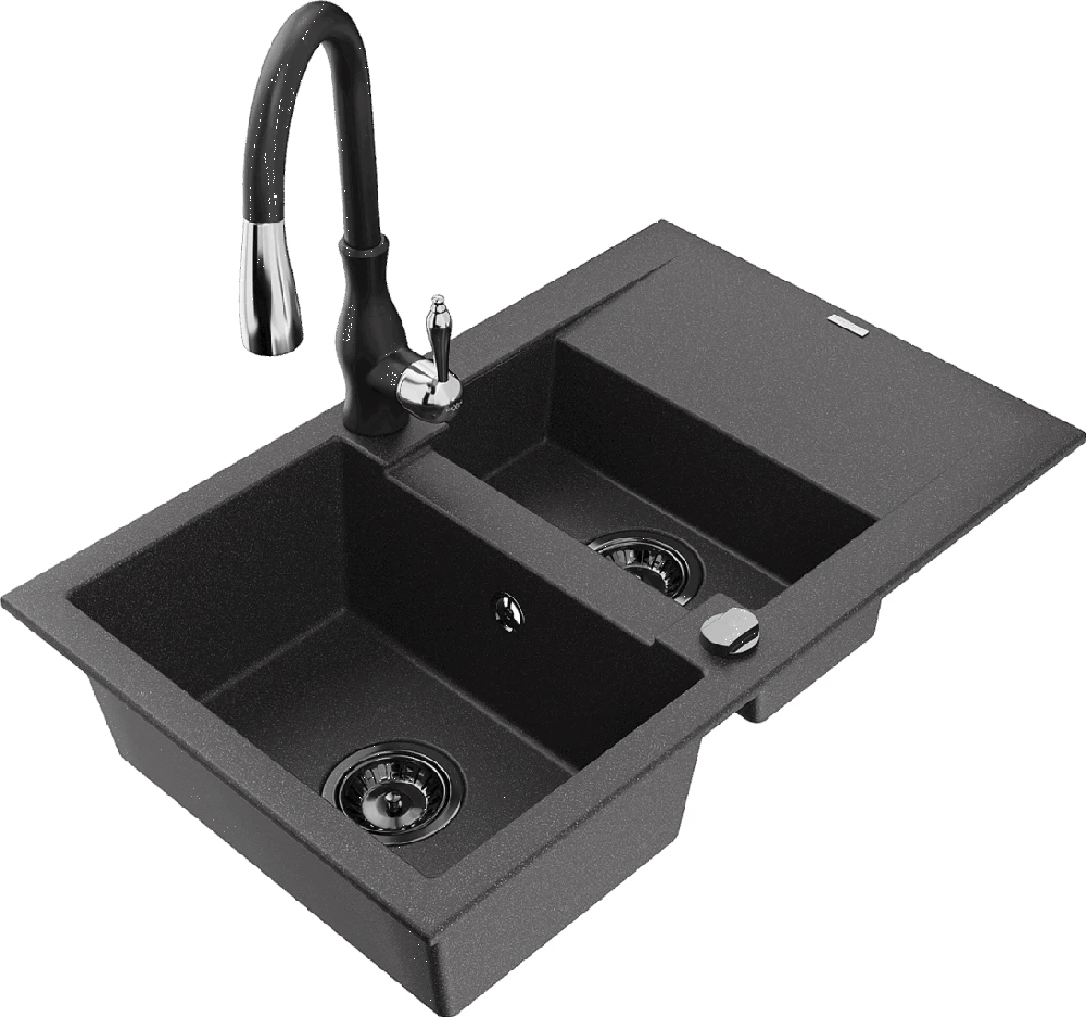 Granitinė virtuvinė plautuvė Mexen Gaspar su maišytuvu ir sifonu, Juodas granite+Juodas