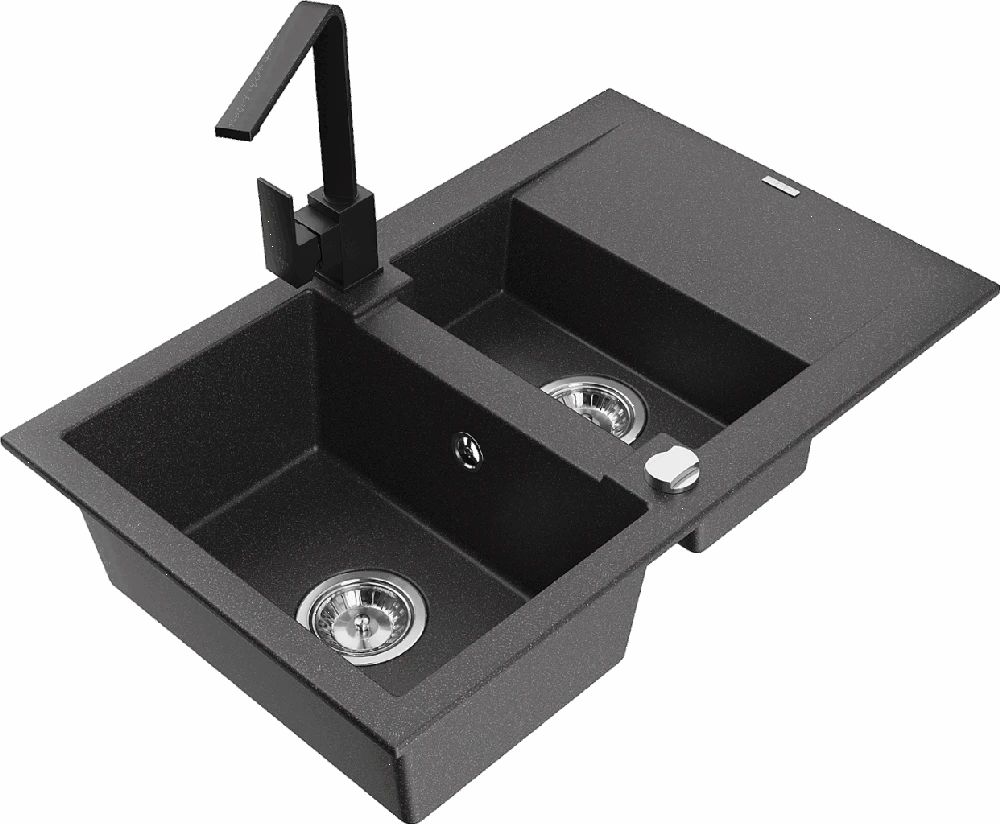 Granitinė virtuvinė plautuvė Mexen Gaspar su maišytuvu ir sifonu, Juodas granite+Juodas
