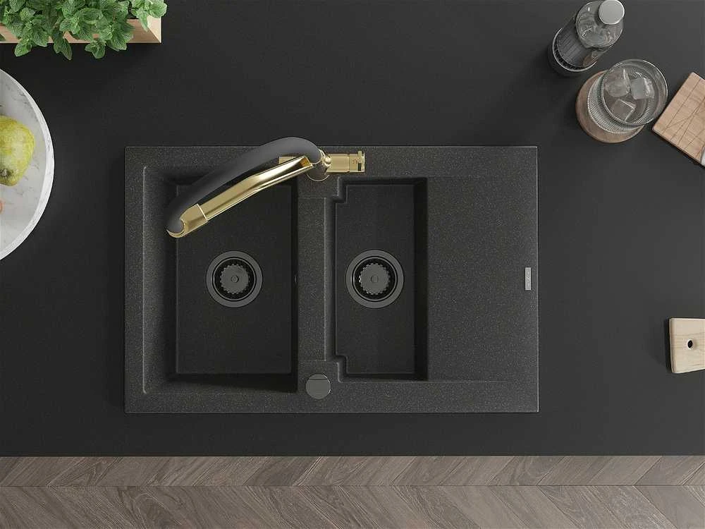 Granitinė virtuvinė plautuvė Mexen Gaspar su maišytuvu ir sifonu, Juodas granite+Juodas/Gold