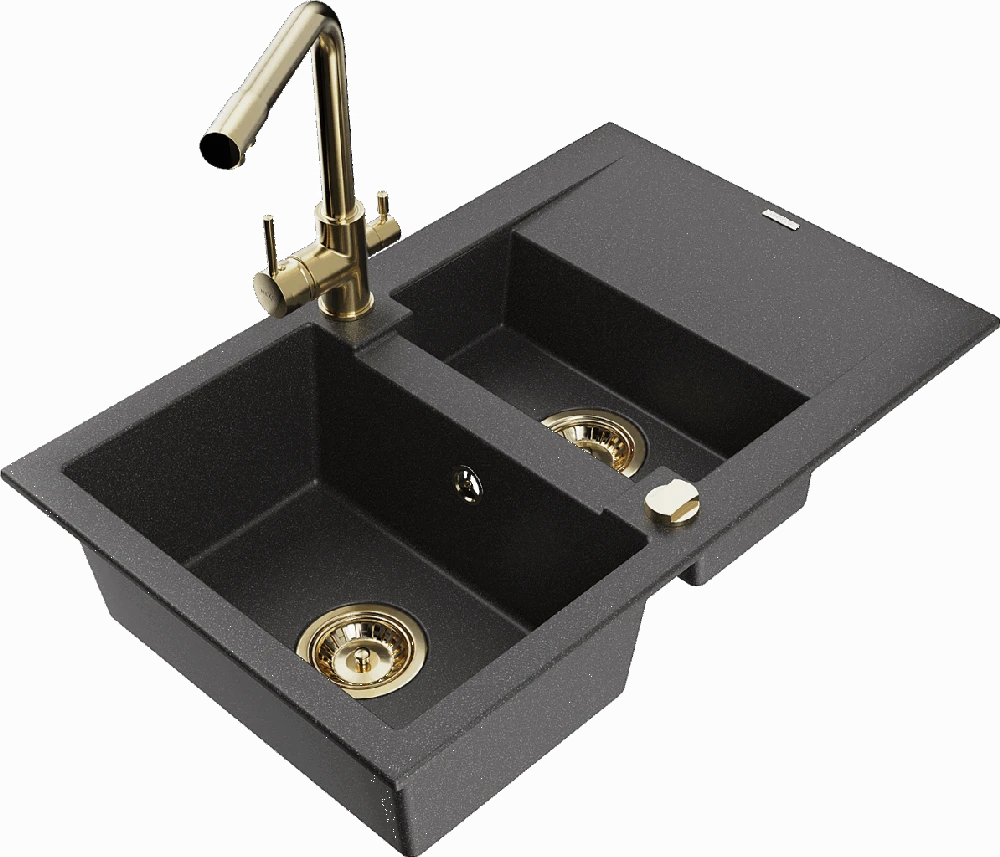 Granitinė virtuvinė plautuvė Mexen Gaspar su maišytuvu ir sifonu, Juodas granite+Gold