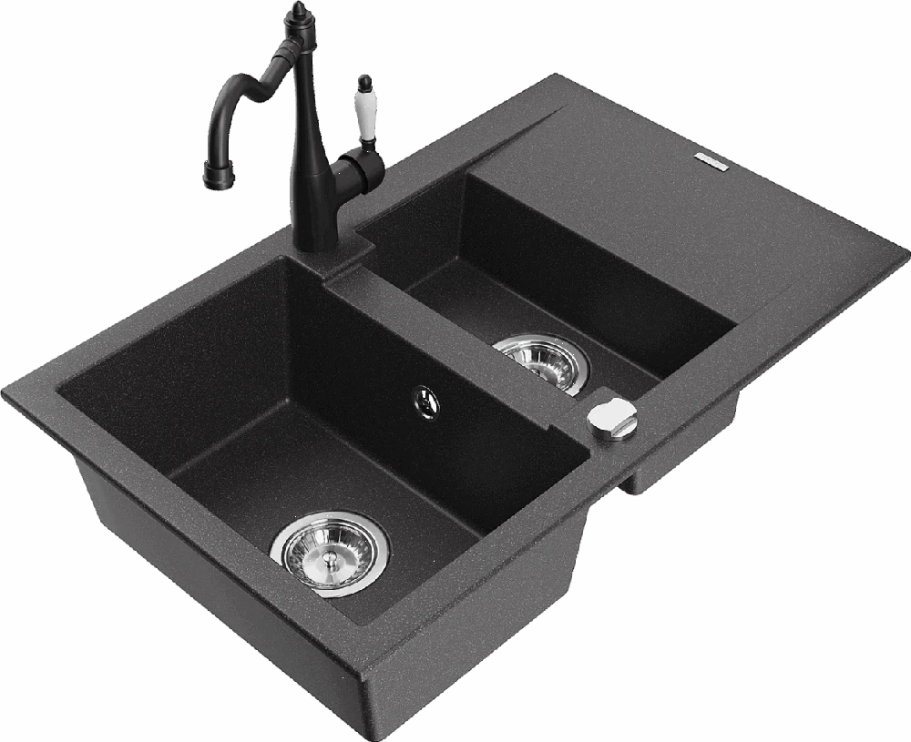 Granitinė virtuvinė plautuvė Mexen Gaspar su maišytuvu ir sifonu, Juodas granite+Juodas