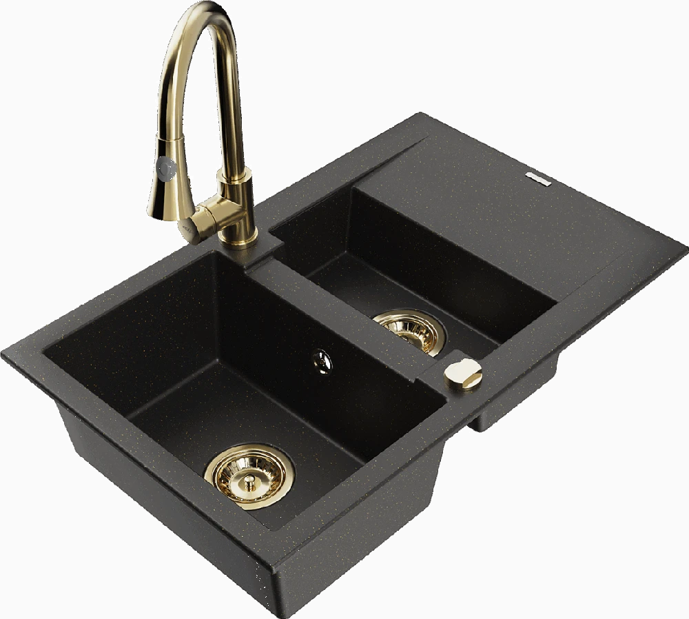Granitinė virtuvinė plautuvė Mexen Gaspar su maišytuvu ir sifonu, Metallic juodas/auksinis+Gold